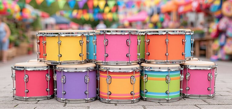 Festive percussion instruments displayed on a vibrant market stall with colorful decorations and cheerful vibes.