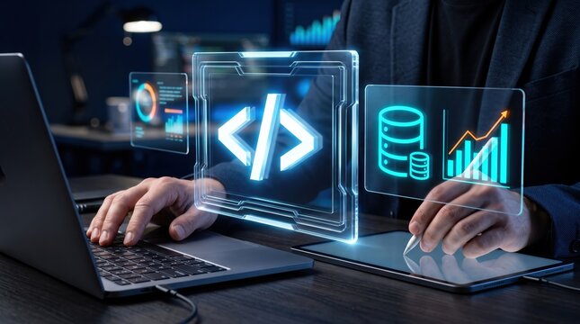 Coding and Data Analysis: A person's hands are seen actively typing on a laptop, with a holographic interface displaying code symbols, database icons, and financial charts.