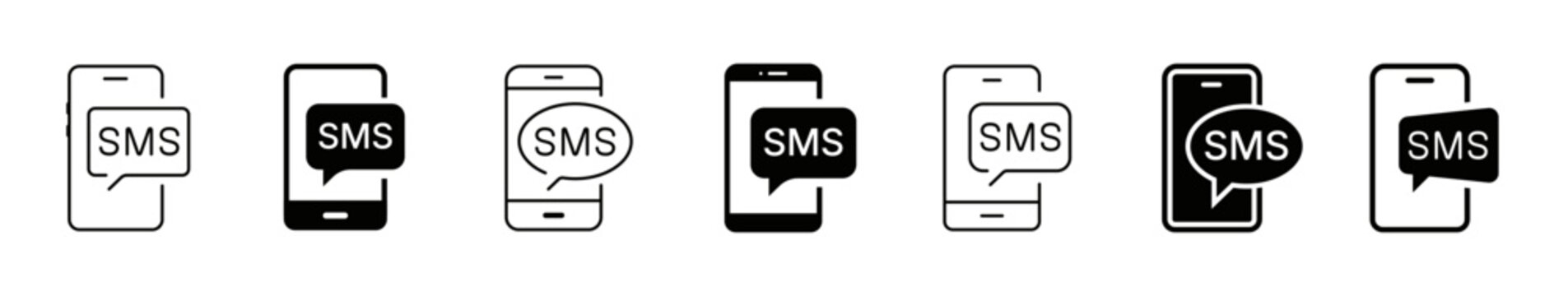 Smartphone SMS message icon set. Mobile phone chat bubble, text notification, inbox speech bubble outline solid vector symbols.