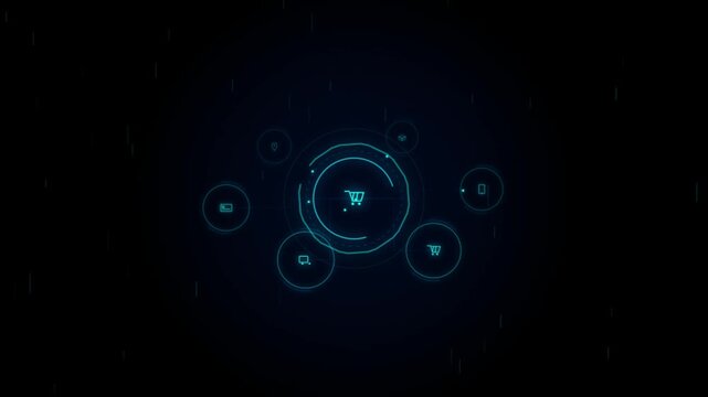 Digital shopping cart icon with glowing circular interface elements on dark background.