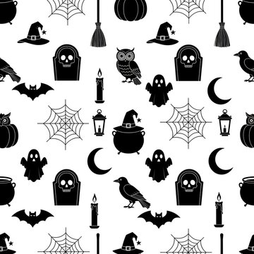 Black halloween silhouettes on a white background seamless pattern of spooky october icons