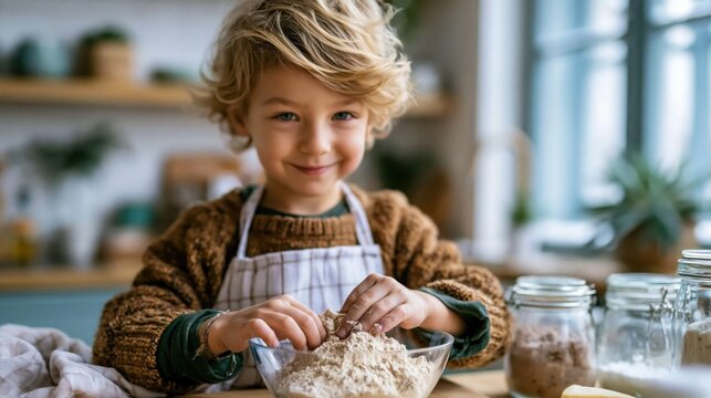 A smiling child plays with flour while preparing for baking, embodying the joy of cooking and creativity in the kitchen, sparking imagination and delightful memories.