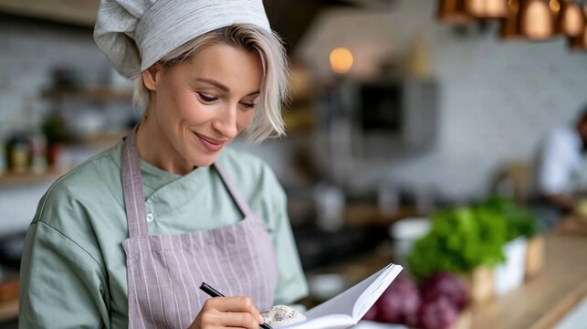 A skilled chef smiles while jotting down recipes in a bright kitchen, emphasizing passion, creativity, and the culinary arts in a well-designed and inviting cooking space.