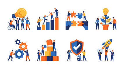 Fototapeta premium Diverse business professionals collaborating on various creative tasks including lifting giant lightbulbs solving jigsaw puzzles stacking colorful blocks and launching rockets in a flat vector style