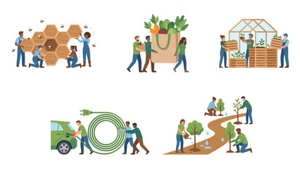 Fototapeta premium Diverse group of volunteers working together on various sustainable projects including organic farming & green energy solutions to protect our beautiful planet through collective environmental action