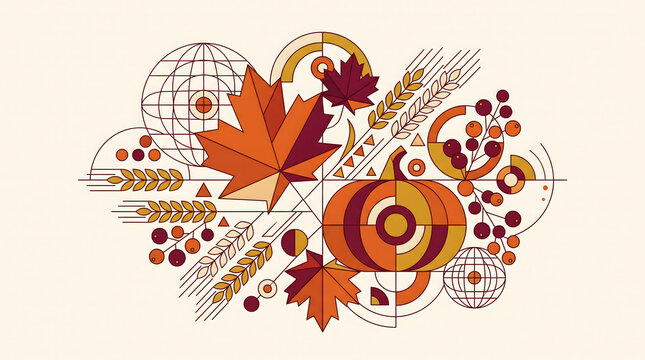 Geometric autumn harvest illustration, abstract fall maple leaf and pumpkin design, modern line art seasonal nature composition