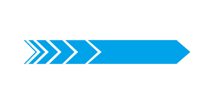 A blue arrow with a striped pattern on the left side pointing to the right, on a white background