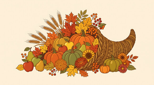 Vintage Thanksgiving cornucopia illustration, autumn harvest horn of plenty with pumpkins and fall leaves, rustic seasonal fruit and wheat bounty