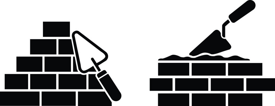 Brick Wall and Masonry Trowel Construction Tool Silhouette Icon Set Isolated on White Background
