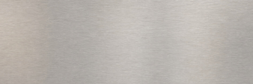 Brushed metal texture with horizontal grain, silver stainless steel surface background, industrial aluminum metallic finish, sleek grey plate for modern architectural design and tech