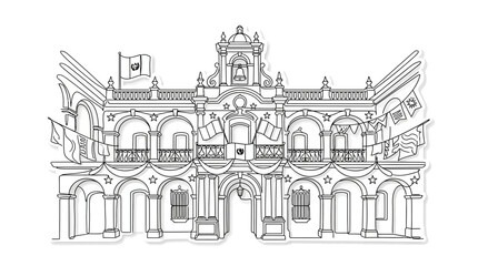 Fototapeta premium Continuous line art illustration of a historic colonial palace with flags and arches