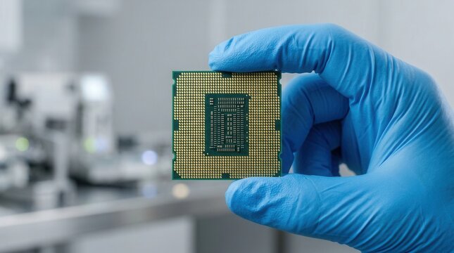 High tech computer processor chip held by a technician wearing blue protective gloves.
