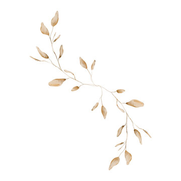 Hand painted watercolor diagonal branch composition with dried beige leaves, small ochre thin brown twigs in warm monochrome tan and sienna palette isolated on white background