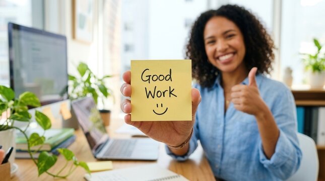 Success and motivation concept showing a person holding a Good Work sticky note.