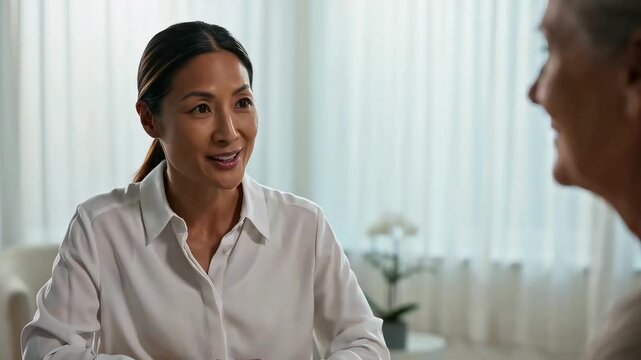 Confident Asian female consultant in white shirt talking to a client in a bright office with soft natural light and professional mood.