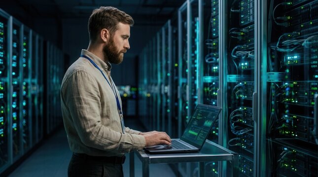 An engineer in a hyperscale data center servicing server clusters with high computing power for demanding artificial intelligence and machine learning workloads