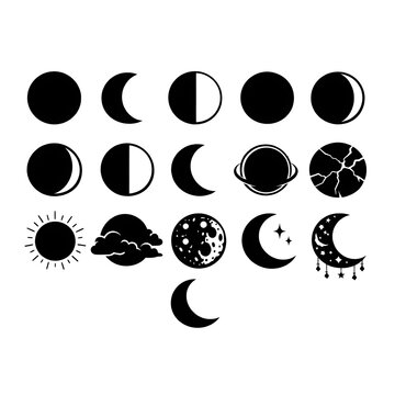 Lunar phases and celestial bodies collection black silhouette on white background