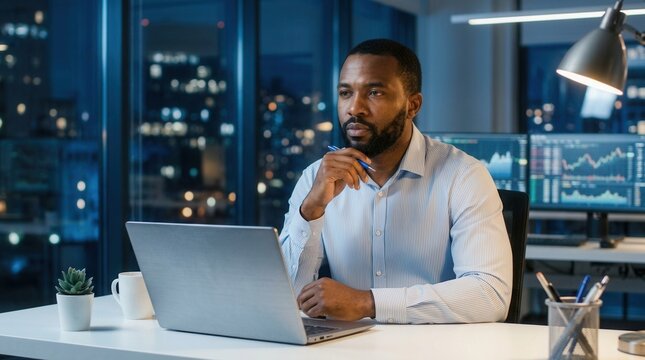 Evaluating options and solutions for a dilemma, a Black general manager engages in critical thinking while working late alone in the office.