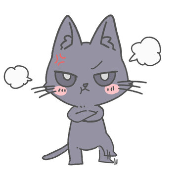 Angry gray cartoon cat with crossed arms