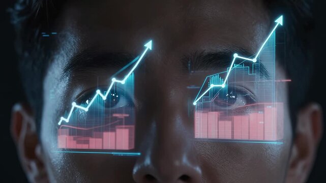 Futuristic Interface Displayed in Male Eyes Analyzing Data Trends