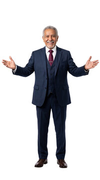 Senior businessman in a blue three-piece suit opening his arms isolated on transparent background.