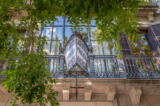 Biblioteca Publica Arus Public Library Lantern Sign, Barcelona, Wrought Iron Balcony, Modernist Architecture Facade
