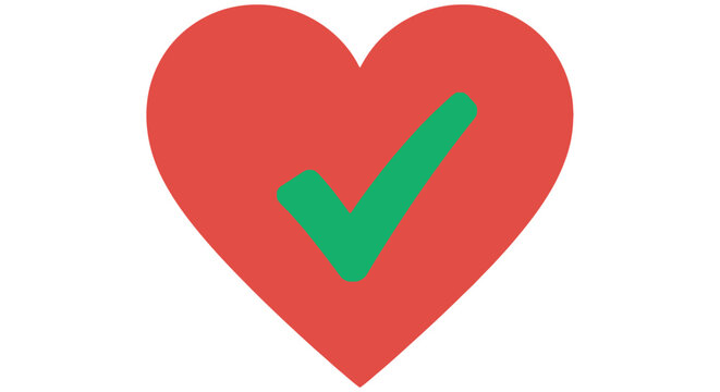 Red heart shape with green checkmark flat vector illustration on white background