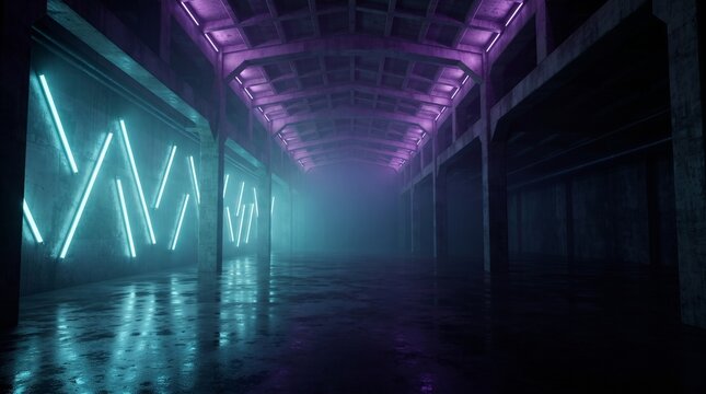 Futuristic Concrete Corridor with Cyan Zigzag Neon Lights and Purple Ceiling Glow