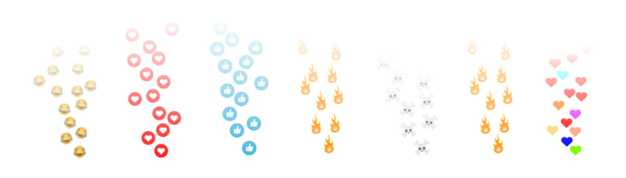 Like icons flying up for live streams. Emoticons. Social media reactions Smile fire poop Funny faces Emoji. Vector illustration