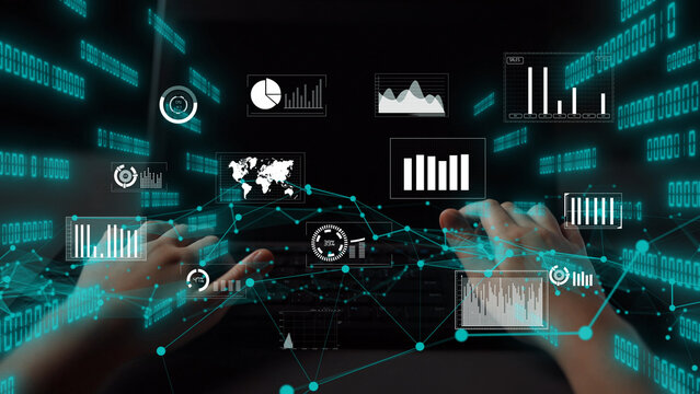 Hands on a laptop are surrounded by a vibrant digital display of charts, graphs, and binary codes, illustrating a dynamic data analysis process in a modern setting. Xenic