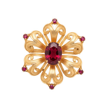 Elegant Gold Brooch with Large Central Ruby Gemstone