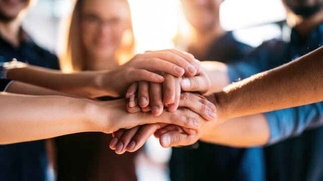 A group of people with their hands stacked together in a circle, forming a symbol of unity and teamwork.
