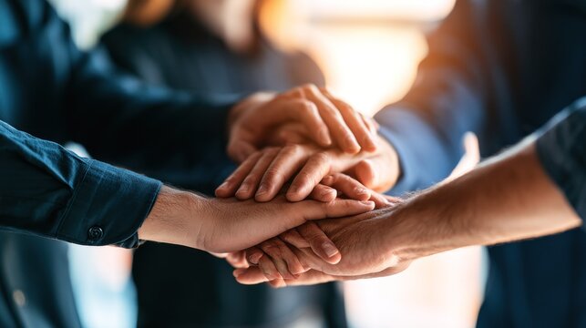 A group of people standing together in a circle, holding hands in unity.