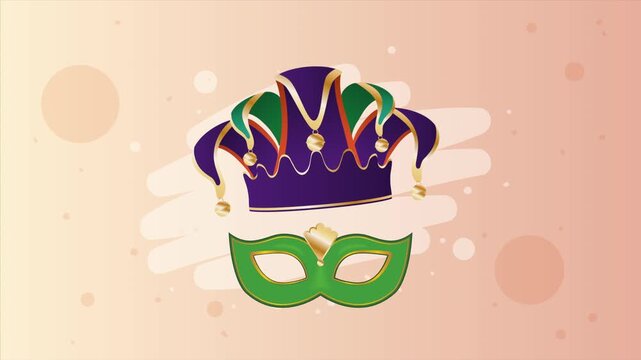 Dynamic animation of mardi gras carnival jester hat and traditional mask in festive celebration footage.