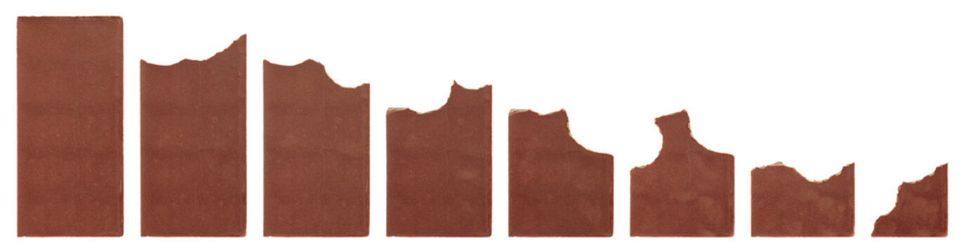Set of Bitten chocolate bars from the back, side isolated on transparent background. Close-up sweet snack with visible bite mark and plain rear surface