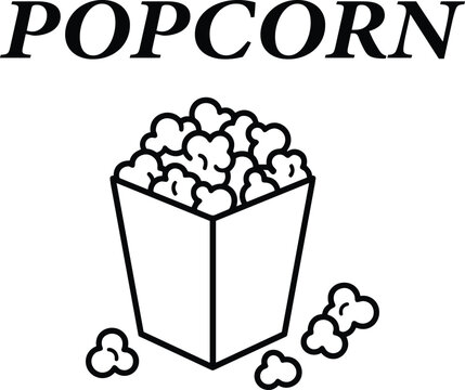 Black and white popcorn illustration with bold Popcorn text above container and scattered kernels, perfect for movie theater branding, snack advertising, and concession stand design