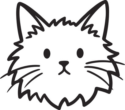 Minimalist black and white cat face line drawing with pointed ears, round eyes, triangular nose, and fluffy fur outline