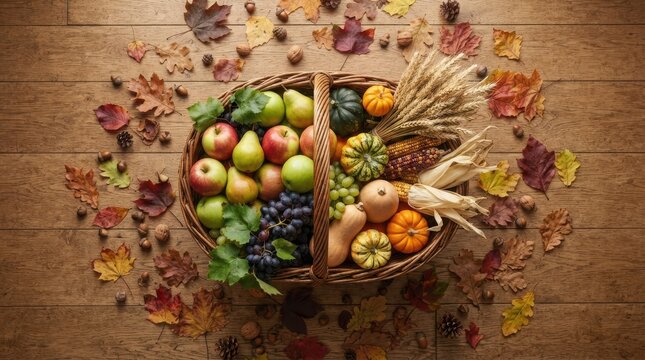 Wicker basket full of fresh autumn harvest fruits and vegetables on a rustic wooden table with scattered fall leaves