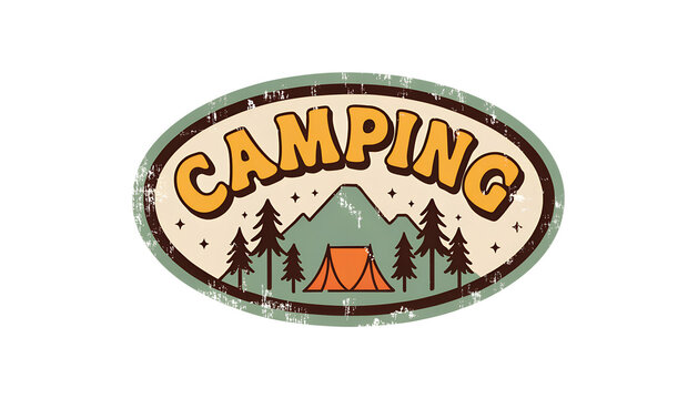 Vintage camping badge sticker, retro embroidered-style graphic with a small orange tent surrounded by pine trees, bold curved text "CAMPING", mountain silhouette and small stars, muted forest green