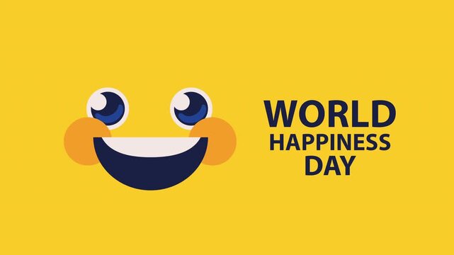 Animated world happiness day text and smiley face emoji on yellow background motion graphics.