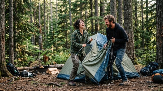 Happy couple laughing while setting up a camping tent in a forest during a weekend trip