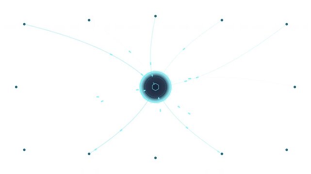 Abstract visualization of a central digital network distributing information to interconnected nodes, symbolizing advanced technological connectivity and global communication