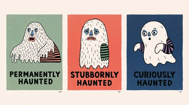 Creative print showing three different ghost characters with distinct traits and emotions