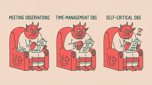 Creative cute print showing a character reflecting on meeting experiences