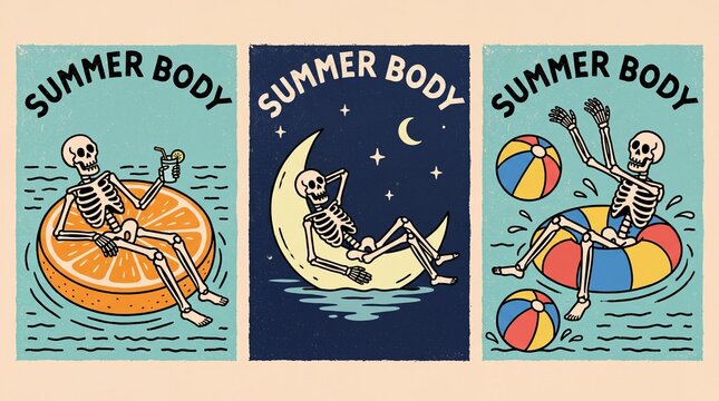 Creative cute print featuring skeletons enjoying summer activities