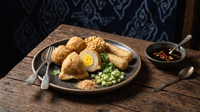 Pempek Palembang. Pempek Palembang ikan. Indonesian Fish Cake Pempek. Pempek Palembang Kuah Cuko. Authentic Indonesian Pempek Palembang Fish Cake Served with Cuko Sauce on Wooden Table.