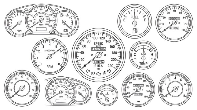 Collection of Minimalist Line Art Speedometer and Dashboard Gauge Icons