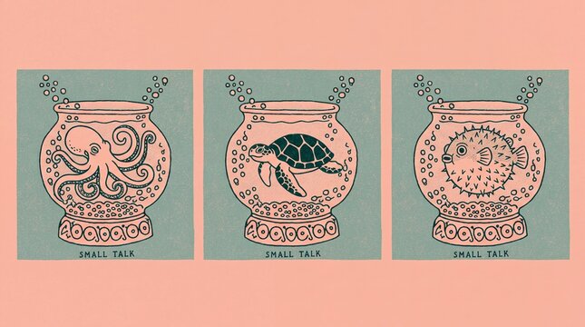 Creative print showing marine animals in fish bowls with text about small talk