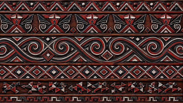 Batak Gorga wood carving panel North Sumatra Indonesia traditional tricolour red black white ipon-ipon interlace geometric registers no figures