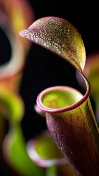 Close up of a tropical pitcher plant with a curled leaf
